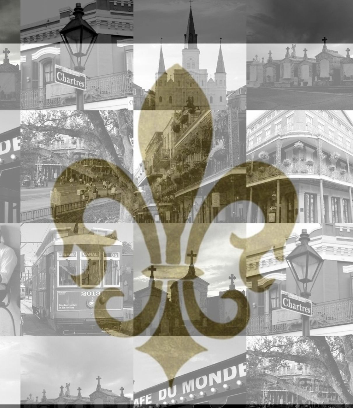 Collage of French Quarter scenes in black and white behind a gold fleur-de-lis